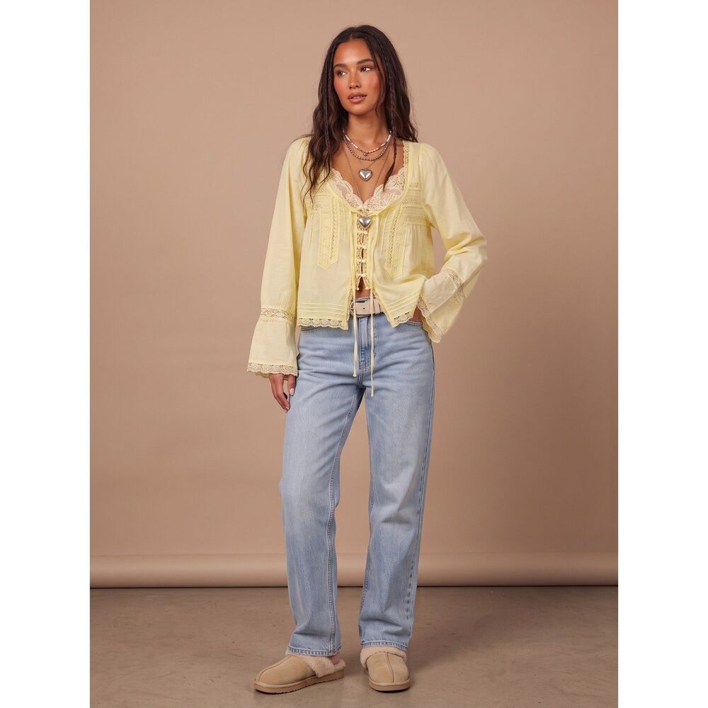 Boho Yellow Lace Trim Peasant Top Small Cottagecore Cropped Blouse Bell Sleeve